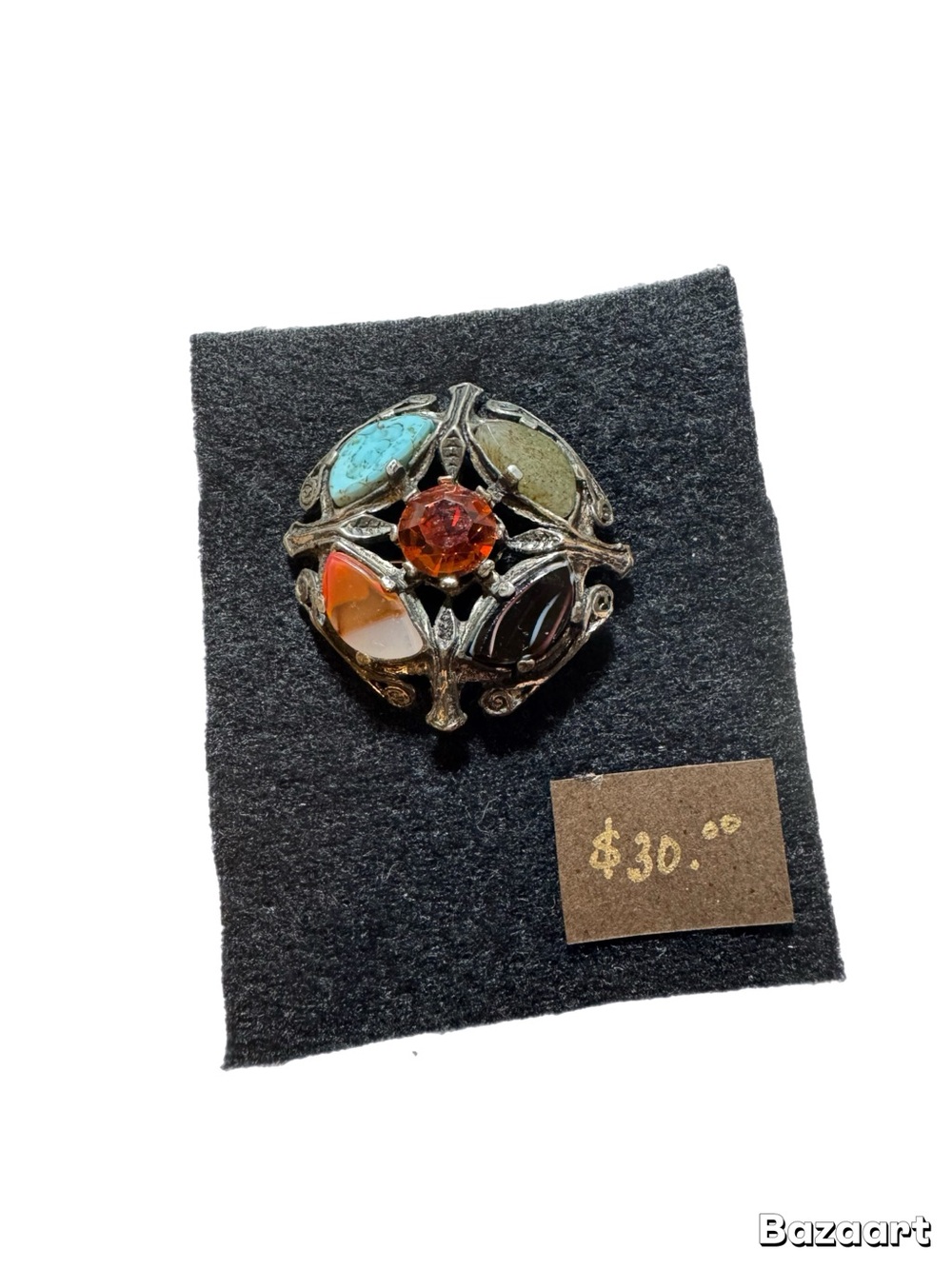 Vintage Multi-Stone Round Brooch with Amber Center